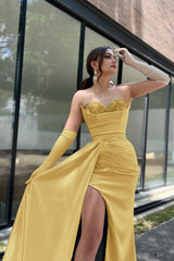 Champagne Sweetheart Prom Dress with High Split and Gloves