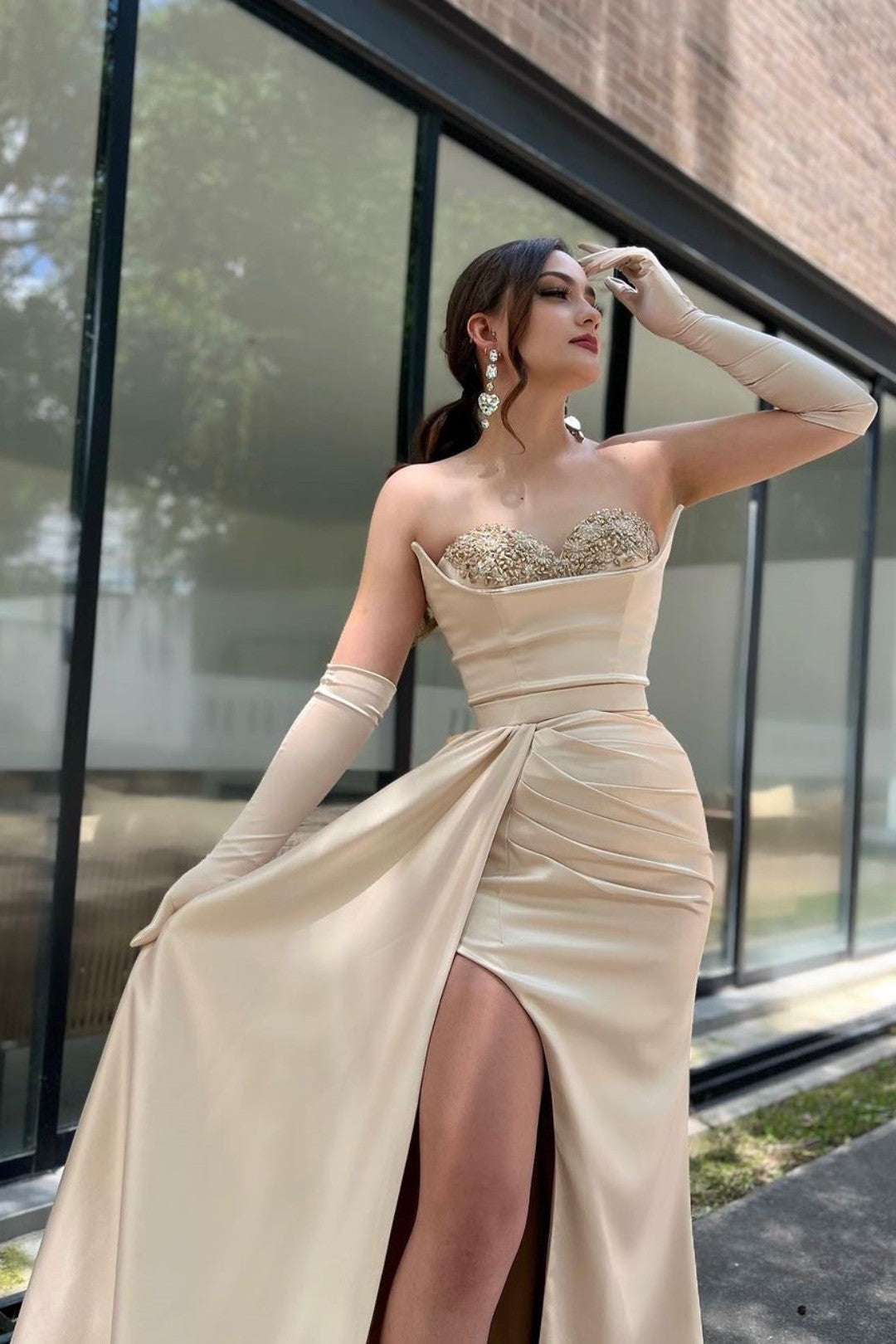 Champagne Sweetheart Prom Dress with High Split and Gloves – Babyonlines