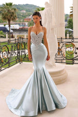 Elegant Spaghetti Strap Satin Mermaid Prom Dress with Sequins and Beading