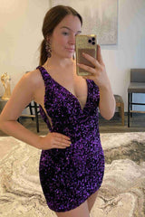 Pruple V-Neck Sequins Mini Hoco Dress