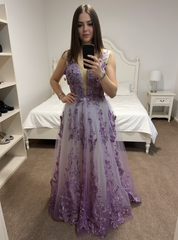 V-neck Sleeveless Long A-line Formal Prom Dresses with Applique Lace