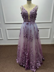 V-neck Sleeveless Long A-line Formal Prom Dresses with Applique Lace