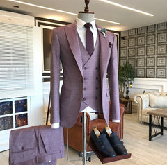 Purple One-Button Groomsmen Outfit with Small Plaid and Peaked Lapel