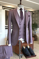 Purple One-Button Groomsmen Outfit with Small Plaid and Peaked Lapel