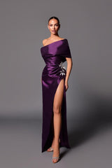 One Shoulder Pleated Long Prom Dress with Beading Split