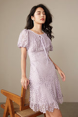 Babyonlines Purple Short Sleeves Crew Neck Lace Dresses