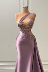 Purple Sleeveless Prom Dress with Strapless Pleated Beadings