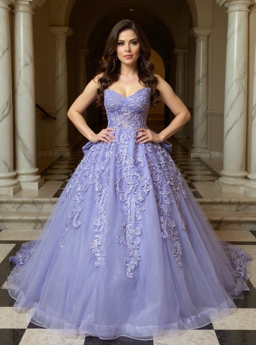 Sweetheart Tulle Lace Long Ball Gown Prom Dresses with Bow