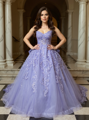 Sweetheart Tulle Lace Long Ball Gown Prom Dresses with Bow