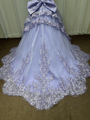 Sweetheart Tulle Lace Long Ball Gown Prom Dresses with Bow