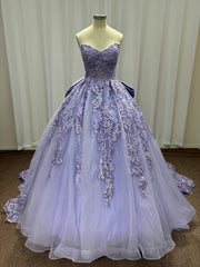 Sweetheart Tulle Lace Long Ball Gown Prom Dresses with Bow