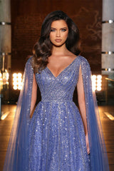 V-Neck Cap Sleeve A-Line Tulle Prom Dress with Appliques