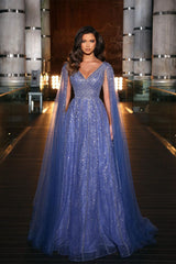 V-Neck Cap Sleeve A-Line Tulle Prom Dress with Appliques