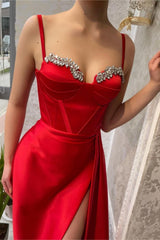Red Charmeuse Spaghetti-Strap Gown with Beaded High Slit