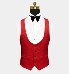 Red Floral Tuxedo - Black Lapel Three Pieces for Groom Prince Suit