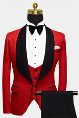 Red Floral Tuxedo - Black Lapel Three Pieces for Groom Prince Suit