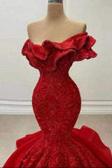 Gorgeous Strapless Red Mermaid Long Prom Dress with Sequins and Embroidery