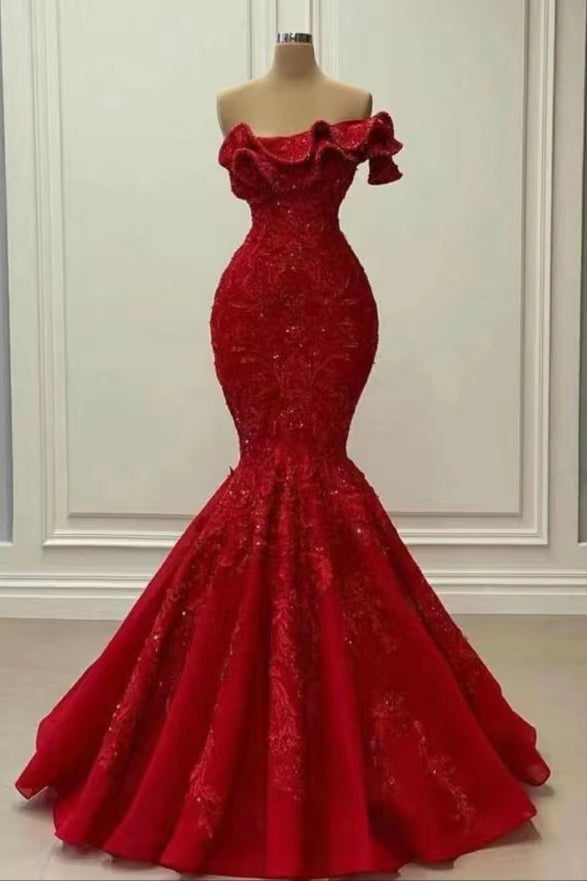 Gorgeous Strapless Red Mermaid Long Prom Dress with Sequins and Embroidery