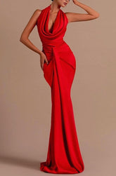 Red Halter Open Back Long Sleeveless Mermaid Prom Dress