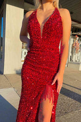Red Halter Sequins Long Prom Dress with Tassel