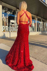 Red Halter Sequins Long Prom Dress with Tassel