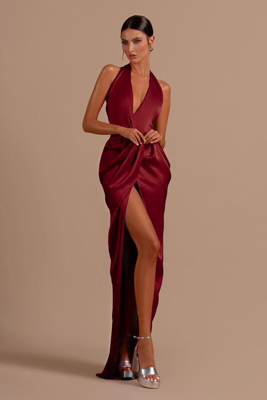 Red Halter Backless Long Prom Dress with Split