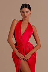 Red Halter Backless Long Prom Dress with Split