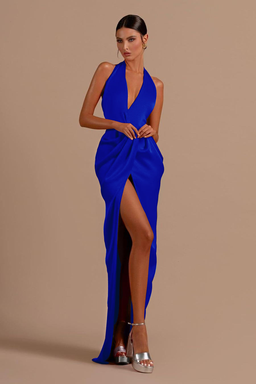 Red Halter Backless Long Prom Dress with Split