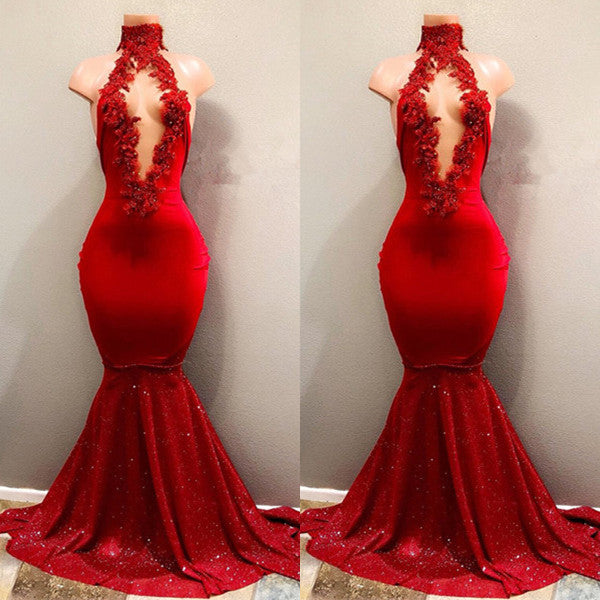 Red High Collar Mermaid Prom Dress with Sequins