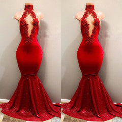 Red High Collar Mermaid Prom Dress with Sequins