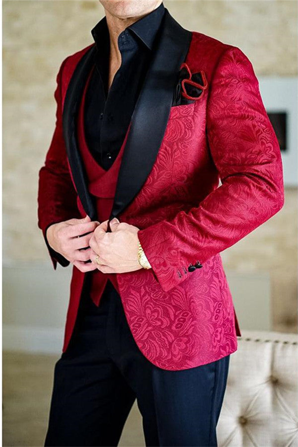 Red Jacquard Business Slim Fit Men's Suit, Three Pieces with Shawl Lapel