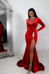 Simple Red Long Sleeve Long Prom Dress with High Split and Pleated