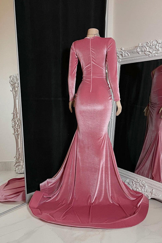 Simple Red Long Sleeve Long Prom Dress with High Split and Pleated