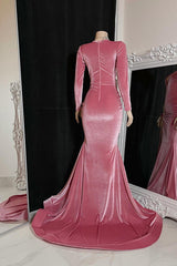 Simple Red Long Sleeve Long Prom Dress with High Split and Pleated