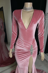Simple Red Long Sleeve Long Prom Dress with High Split and Pleated