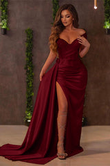 Red Long Ruffle Mermaid Split Prom Dress with Sequins and Sweetheart