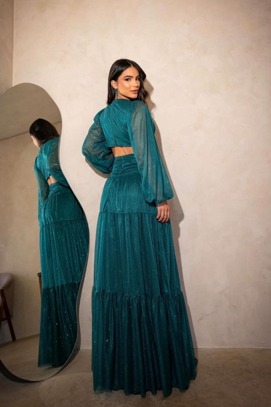 Red V Neck Long Sleeve Long Prom Dress with Sequins and Ruffles