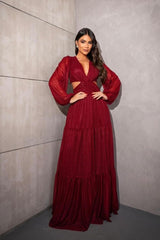 Red V Neck Long Sleeve Long Prom Dress with Sequins and Ruffles