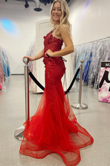 Red Mermaid 3D Flowers Straps V Neck Long Prom Dress
