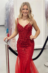 Red Mermaid 3D Flowers Straps V Neck Long Prom Dress