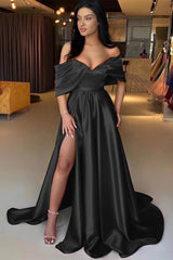 Red Off-The-Shoulder A-Line Prom Dress with Split