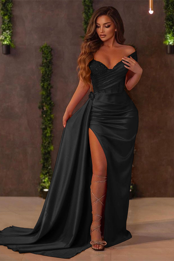 Red Off the Shoulder Mermaid Long Prom Dress with Sequins Split Ruffles