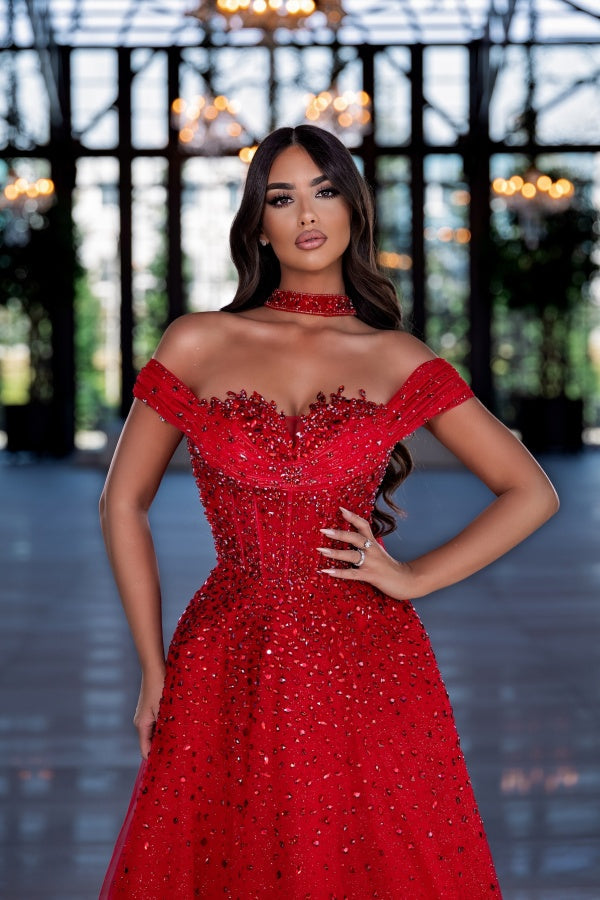 Off-the-Shoulder A-line Red Long Formal Prom Dresses with Beaded