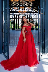 Off-the-Shoulder A-line Red Long Formal Prom Dresses with Beaded