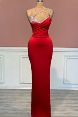 Beautiful One Shoulder Red Satin Long Prom Dress with Beading