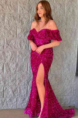 Red Puff Sleeves Sequined Long Party Dress with Side Slit