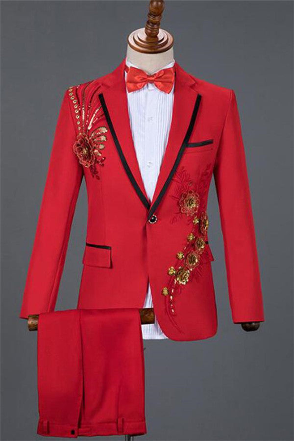 Red Sequin Embroidery Lace Floral Best Wedding Suit for Boy - Newest One Button