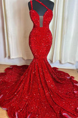 Red Sequins Sleeveless Mermaid Prom Dress with Sweetheart Elegant