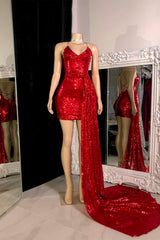 Simple Red Short Prom Dress with Sequins and Long Trail