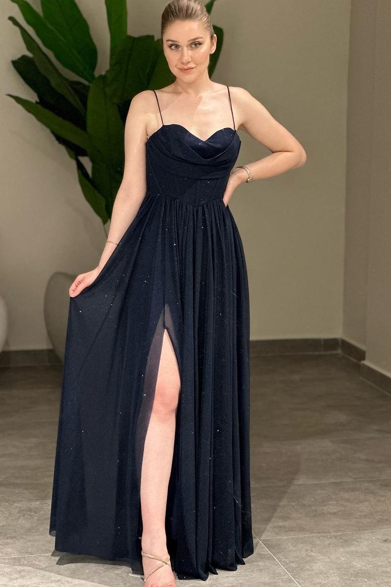 Red Spaghetti Strap A-Line Long Prom Dress with Sequins and Split